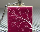 Pendant CRANBERRY BLOSSOMS - Necklace Charm handmade with Scrabble Wood Tile ... Jewelry Art by Pieces Of Me Pendants