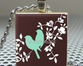 Pendant TWO BLUE BIRDS - Necklace Charm handmade with Scrabble Wood Tile ... Jewelry Art by Pieces Of Me Pendants