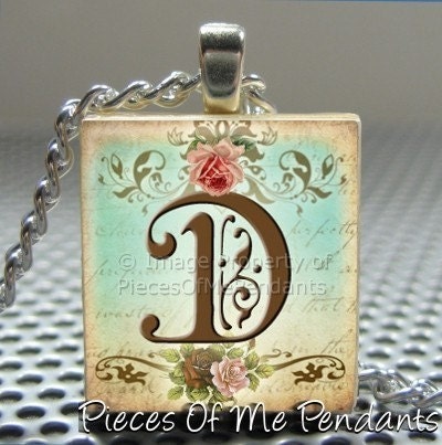 Pendant VICTORIAN VINTAGE INITIAL (your choice) - Necklace Charm handmade with Scrabble Wood Tile ... Jewelry Art by Pieces Of Me Pendants
