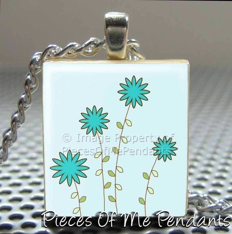 Pendant BLUE FLOWERS - Necklace Charm handmade with Scrabble Wood Tile ... Jewelry Art by Pieces Of Me Pendants