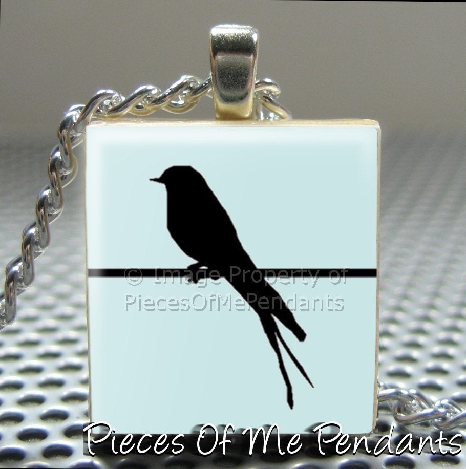 Pendant BIRD ON a WIRE (blue) - Necklace Charm handmade with Scrabble Wood Tile ... Jewelry Art by Pieces Of Me Pendants