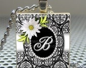 Pendant DAISY DAMASK INITIAL (your choice) - Necklace Charm handmade with Scrabble Wood Tile ... Jewelry Art by Pieces Of Me Pendants