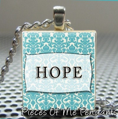Pendant Blue Damask Print HOPE, LOVE, or FAITH  Necklace Charm handmade with Scrabble Wood Tile ... Jewelry Art by Pieces Of Me Pendants