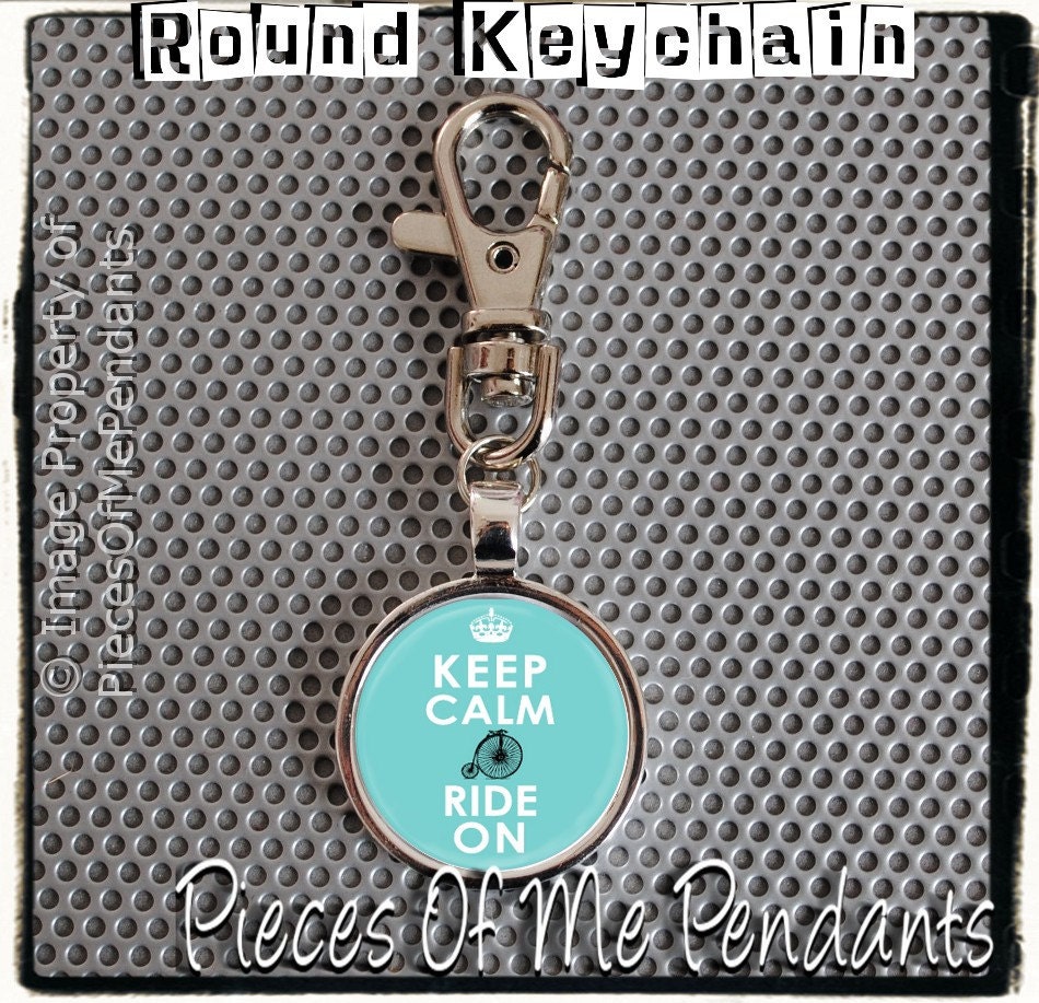 Keychain Keep Calm and RIDE ON (light blue) - Clip On Round Metal Key Chain - Key Ring - Key Holder ... handmade by Pieces Of Me Pendants
