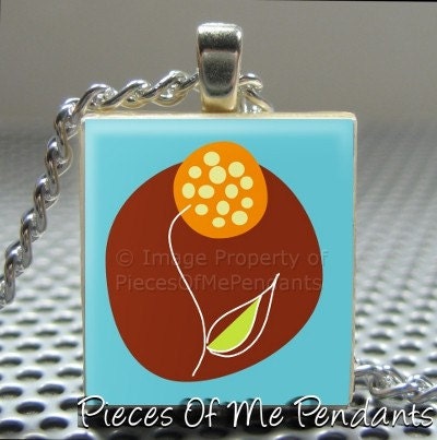 Pendant  70s RETRO Fun Flower - Necklace Charm handmade with Scrabble Wood Tile ... Jewelry Art by Pieces Of Me Pendants