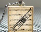 Pendant  TRUMPET - Vintage Symphony - Necklace Charm handmade with Scrabble Wood Tile ... Jewelry Art by Pieces Of Me Pendants