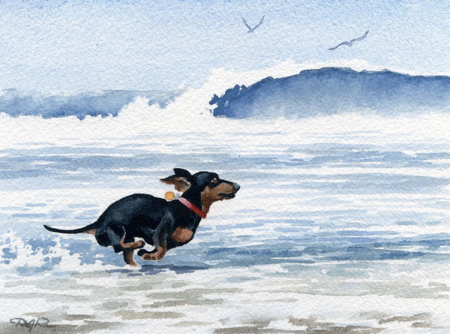DACHSHUND At The BEACH Dog Watercolor Signed Fine Art Print by Artist DJ Rogers
