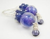 Earrings with Lampwork Glass Beads, Tanzanite and Iolite Gemstones and Silver -Twilight