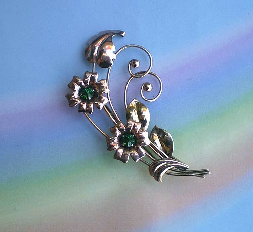 Vintage 40s Floral Gold Silver Rhinestone Pin