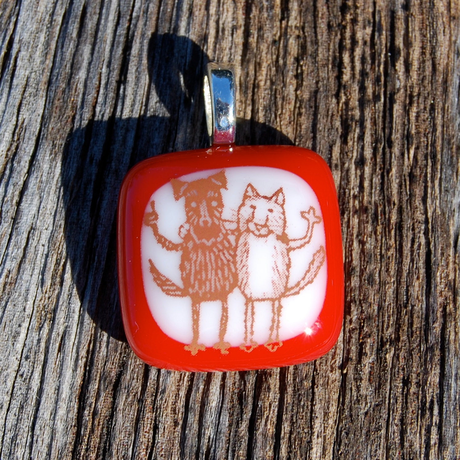 Dog and Cat Pendant Best Friends Jewelry  Fused Glass Pendant