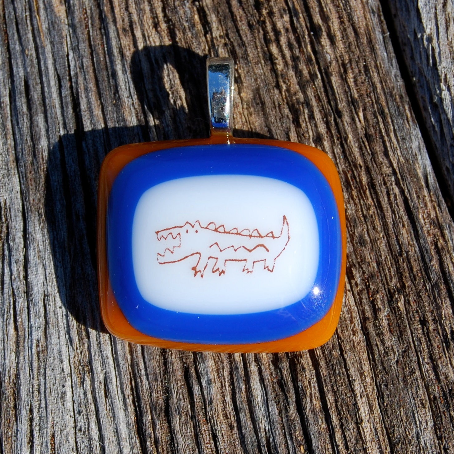 Florida Gator Pendant - Alligator Fused Glass Pendant - Blue and Orange