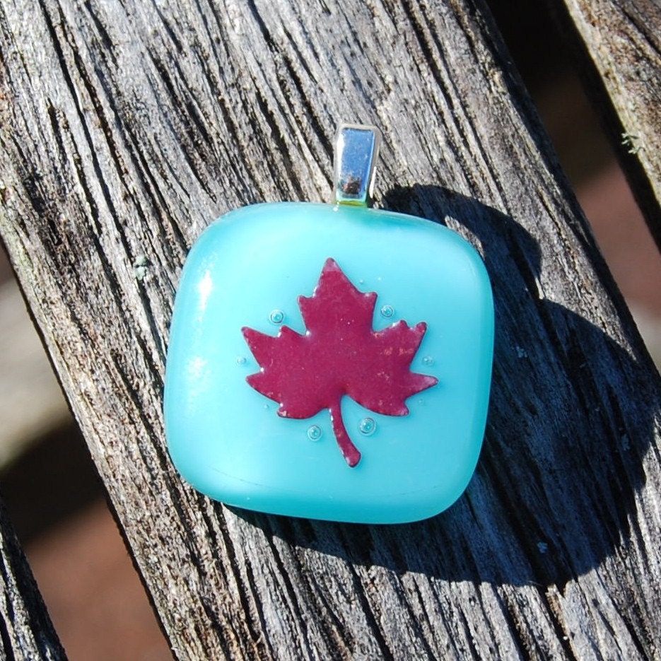Maple Leaf Pendant Turquoise Blue - Copper and Fused Glass Pendant