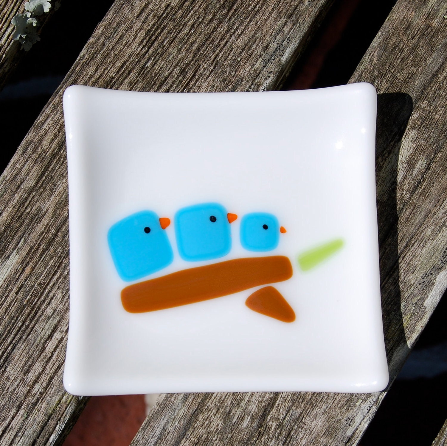 Bluebird Family Spoon Rest Little Fused Glass Dish - Trinket Dish - Soap Dish
