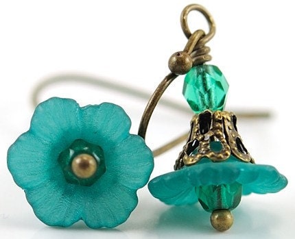Dangle Earrings Flower Jewelry Bead Earrings . Teal Earrings with Czech Glass Brass Jewelry . Japan Earrings in Teal