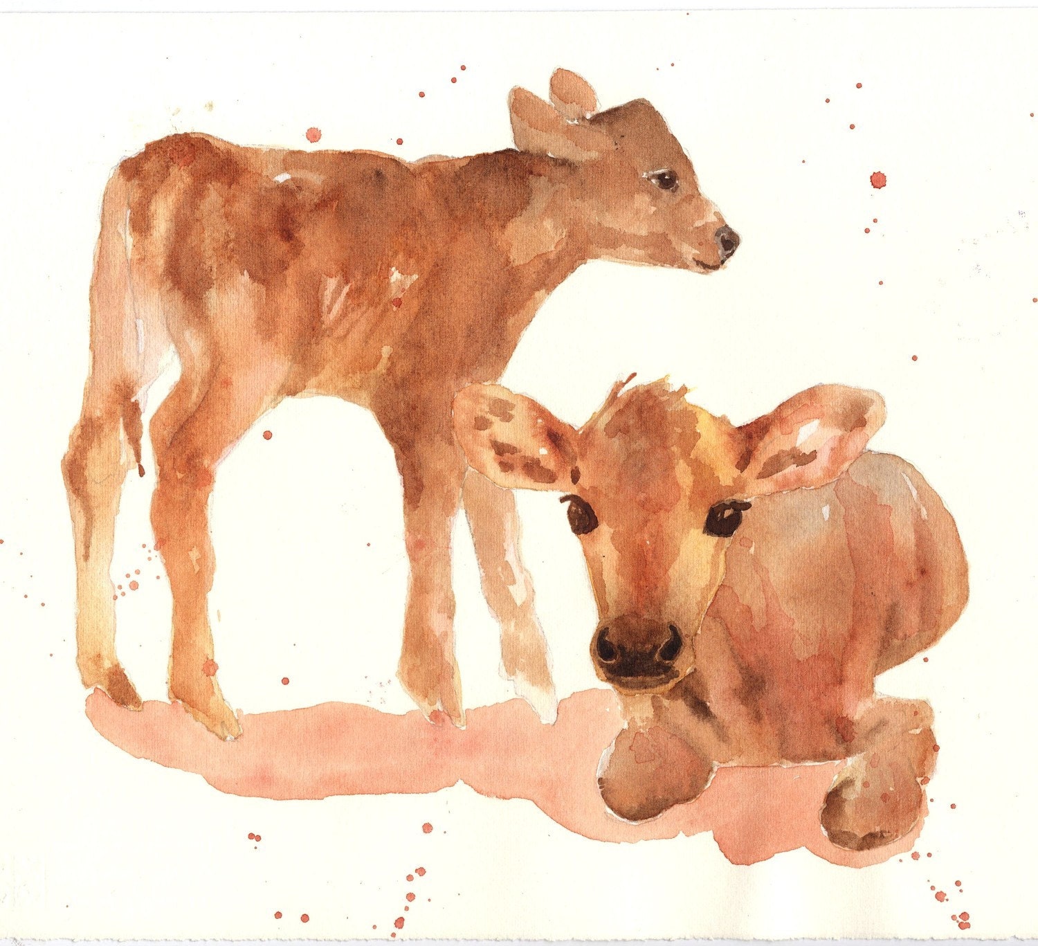 CALVES  Art Print, farmyard art, cute baby animal art, baby cowgirl, animal paintings