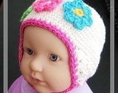 PATTERN in PDF crocheted baby earflap Flower beanie hat -- 12 - 24 months and 2T - 4T