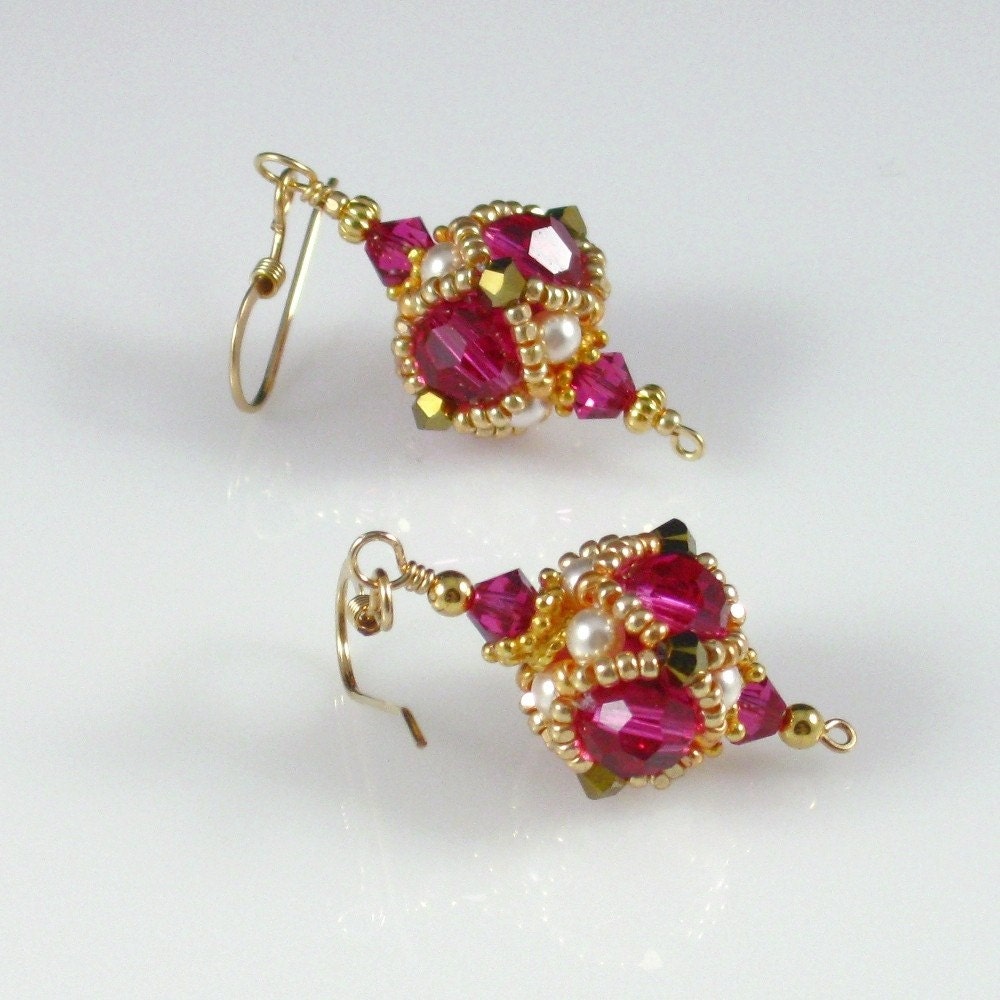 Encased Crystal Beadwoven Earrings (Pink/Gold)