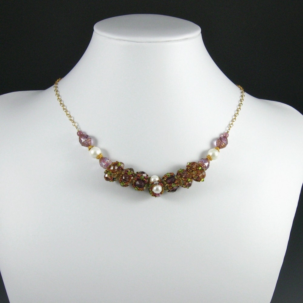 Netted Crystal Bead Necklace, Plum Purple, Beadweaving