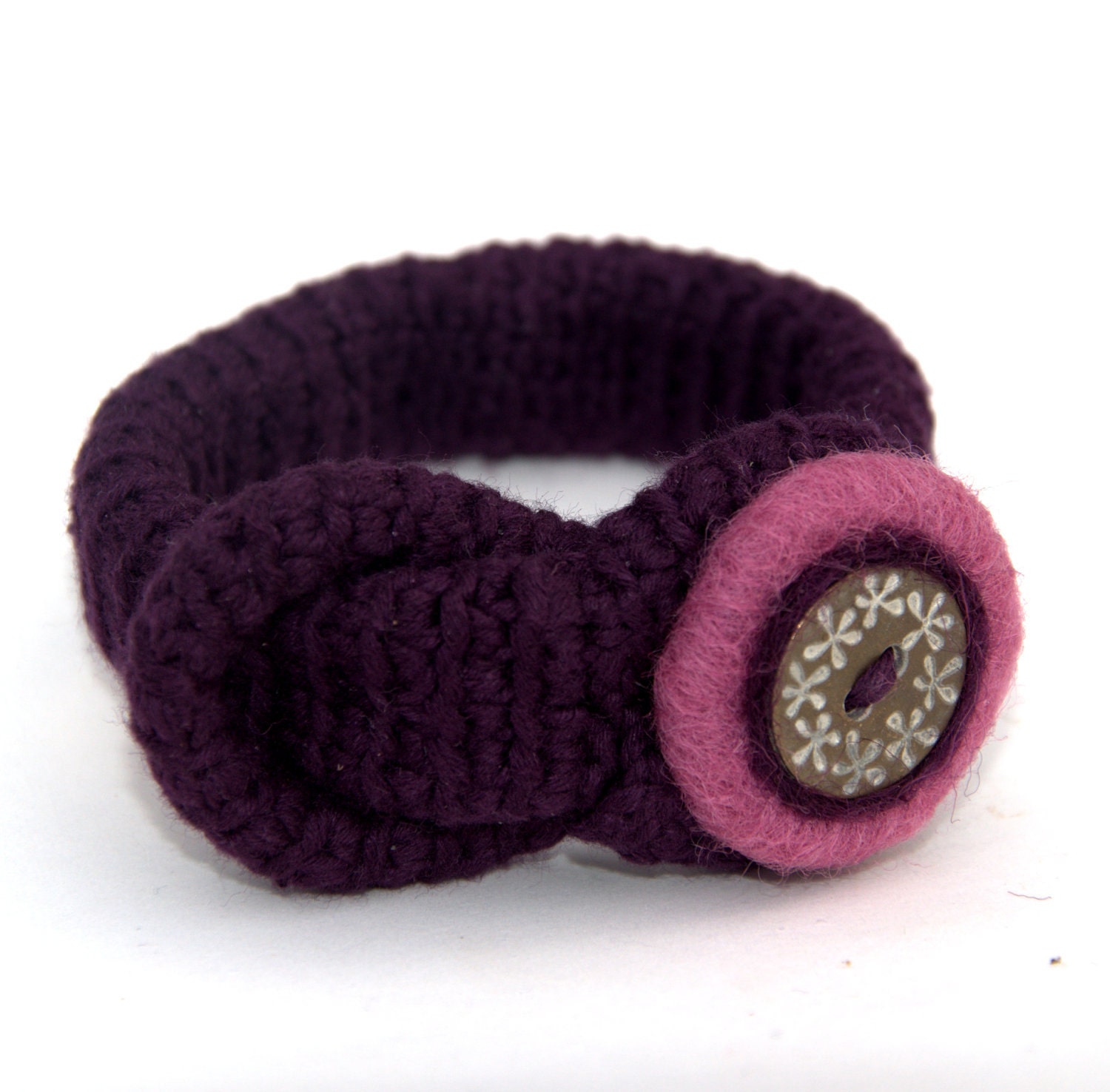 Crochet bracelet with button felted wool purple pink  handmade Birthday Mother winter spring textile jewelry gift for her Valentine Easter
