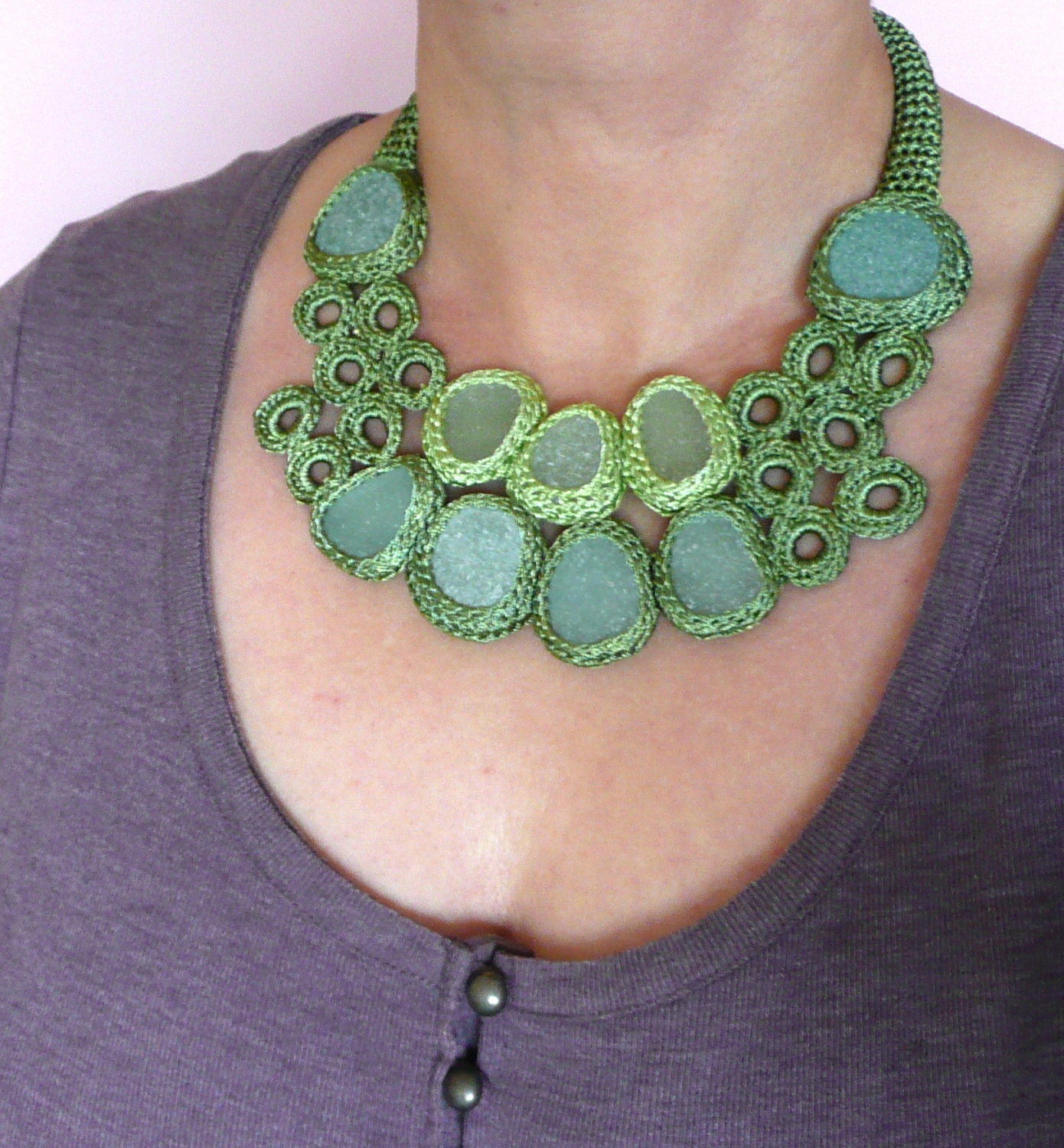 Green seaglass bib necklace with 9 sea glass statement prom collar crochet OOAK handmade Birthday spring gift for her Valentine Easter