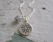 Silver Lotus Tag Necklace- Sterling Silver, Sapphire