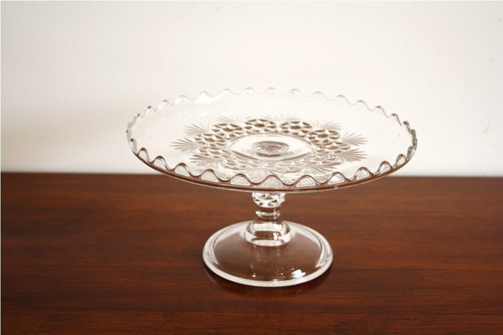 Vintage cut glass ruffled cake plate, pedestal