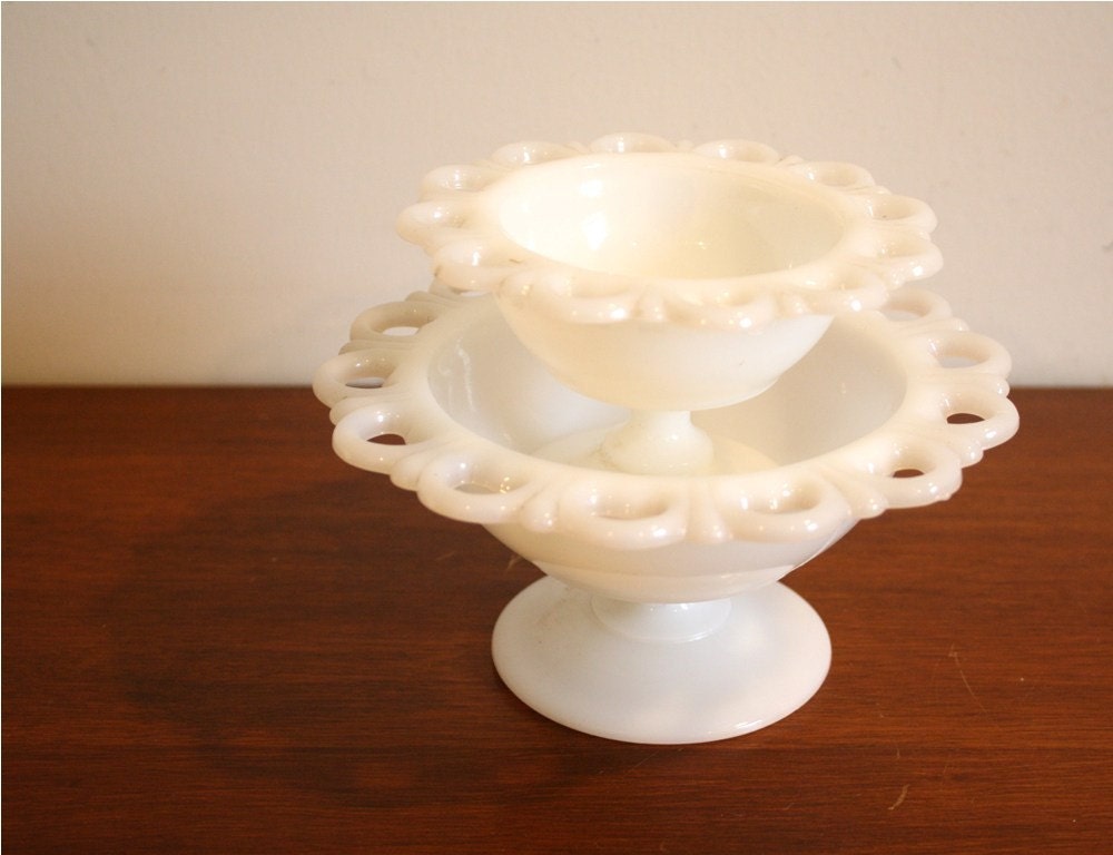 Pair of vintage milk glass candy dish, bowl