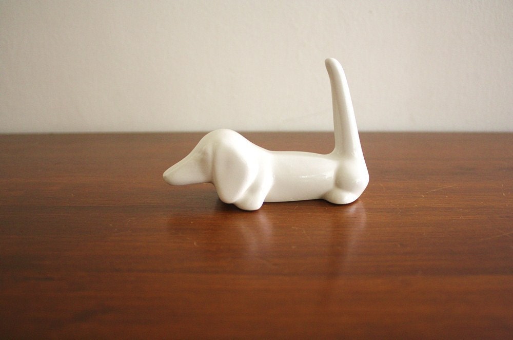 Vintage white ceramic daschund ring holder