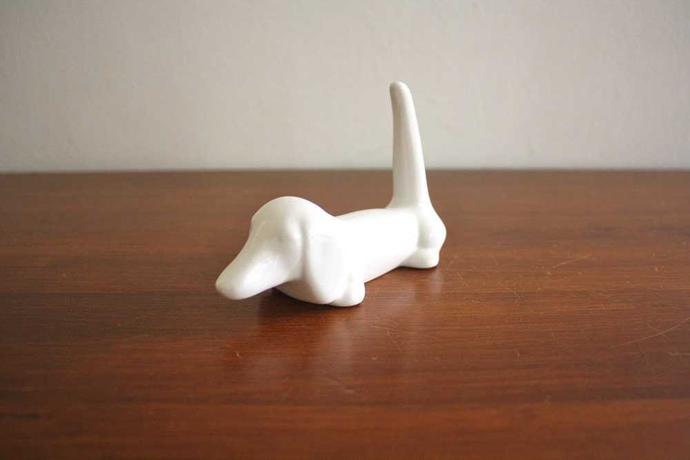 Vintage white ceramic daschund ring holder