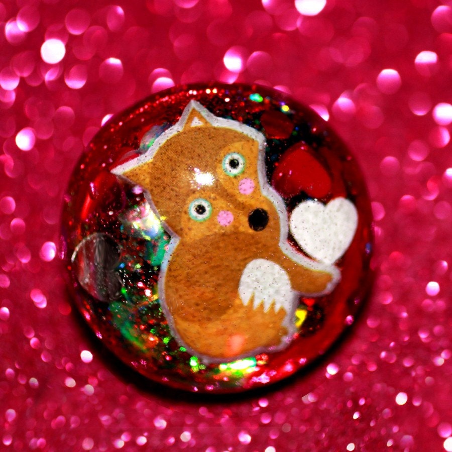 Red Fox Modern Kawaii Giant Shiny Resin Glitter Dome Ring