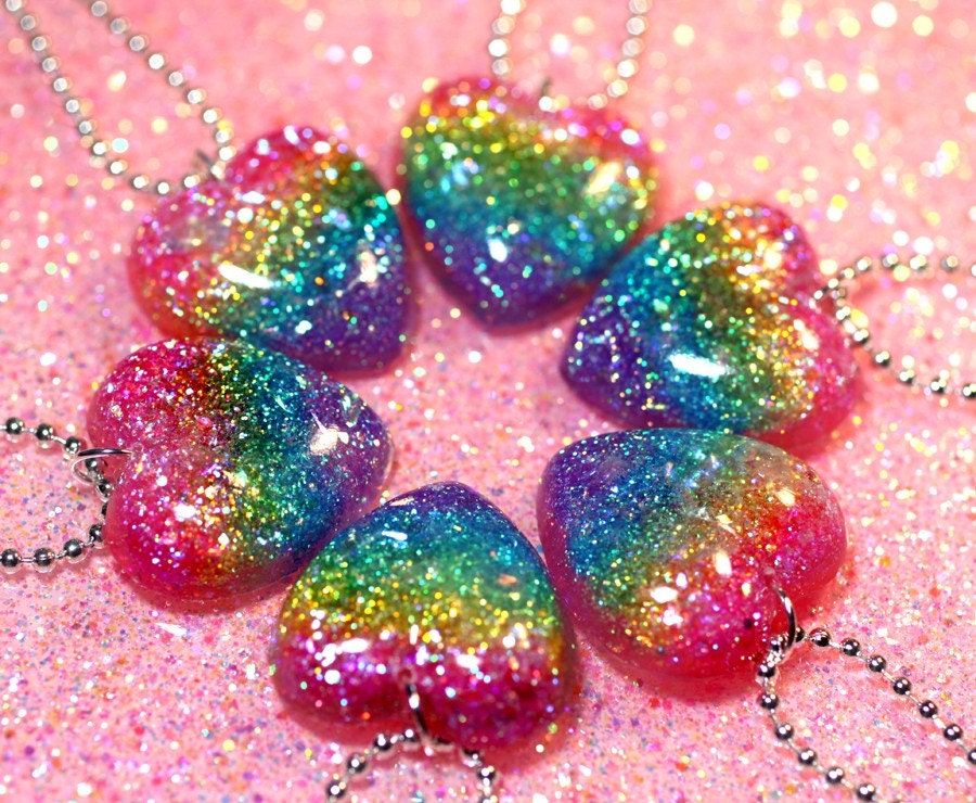Rainbow Resin Heart Necklace Bold Electcric Arc En Ciel Bright Glitter Heart Pendant Handmade Resin Jewerly by isewcute