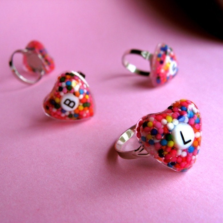 Sweet Heart for Sweetie Personalized Ring - Initial Rainbow Candy Sprinkles Resin Adjustable Ring, Gift idea for her Made to Order, isewcute