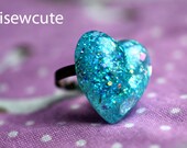 Cute Resin Aqua Glitter Ring by isewcute - Resin Adjustable Aqua Blue Glitter Heart Ring - Unique Handmade Jewelry