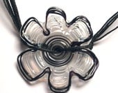 Black and white single flower disc necklace, Lampwork glass bead hand made by Yasmin Sivan