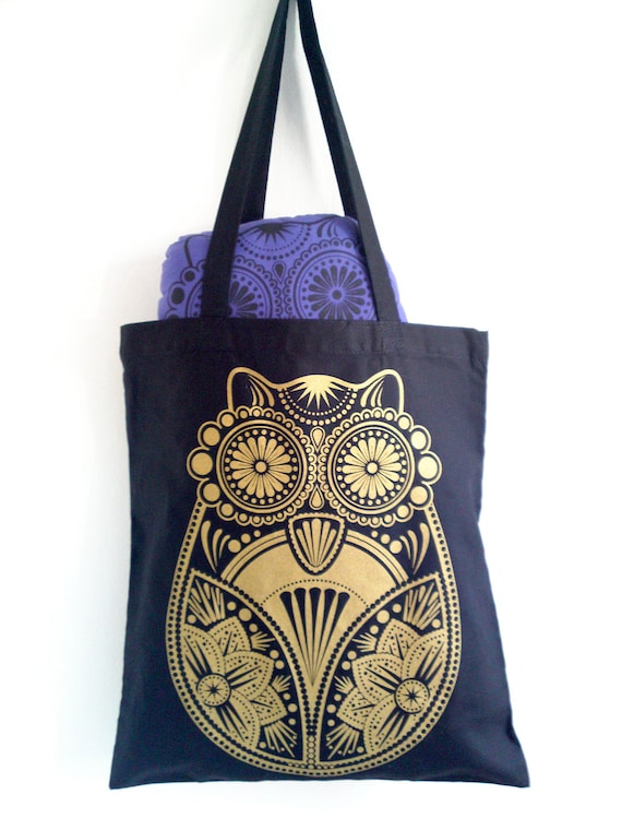 Gold Sugar Owl Screen Printed Black Tote Bag - liwbanks