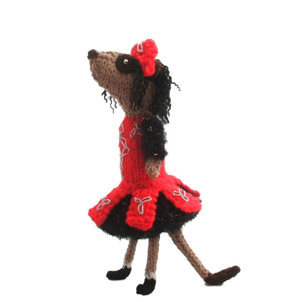 Irish Dancer Meerkat, Celtic, Riverdance, Eire, scarlet and fluffy black costume. handknitted in UK