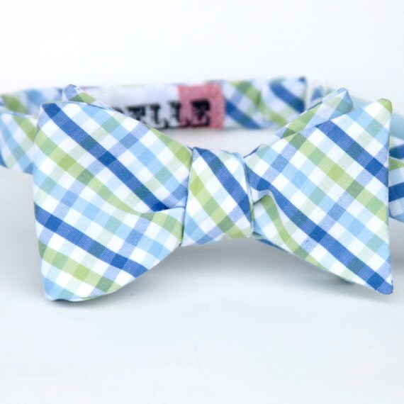 blue and green plaid mens bow tie
