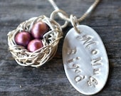 Personalized Mothers Necklace - Hand Stamped MOMMA BIRD Nest Charm Necklace, Sterling Silver by E. Ria Designs