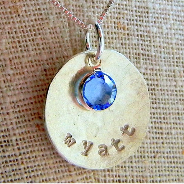 Custom Name Necklace - GINA Hand Stamped Leaf Finish Sterling Silver Cupped Necklace with Bezel Crystal by E. Ria Designs