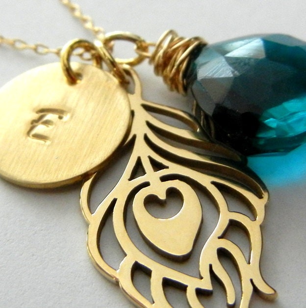 Gold Initial Necklace, Personalized Peacock Feather Teal Stone Charm Necklace, PEACOCK PRETTY by E. Ria Designs