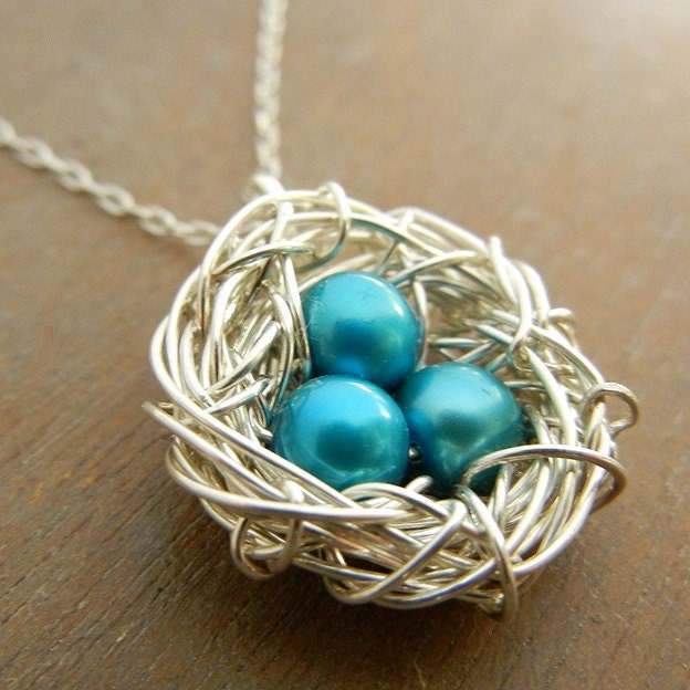 FEATHER YOUR NEST Hand Wire-Wrapped Sterling Silver Necklace, Turquoise Pearl Eggs by E. Ria Designs