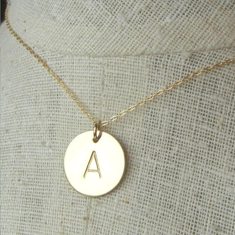 Gold Initial Necklace - DOT Simple Hand Stamped Necklace 14K Gold Filled (14k GF) by E. Ria Designs