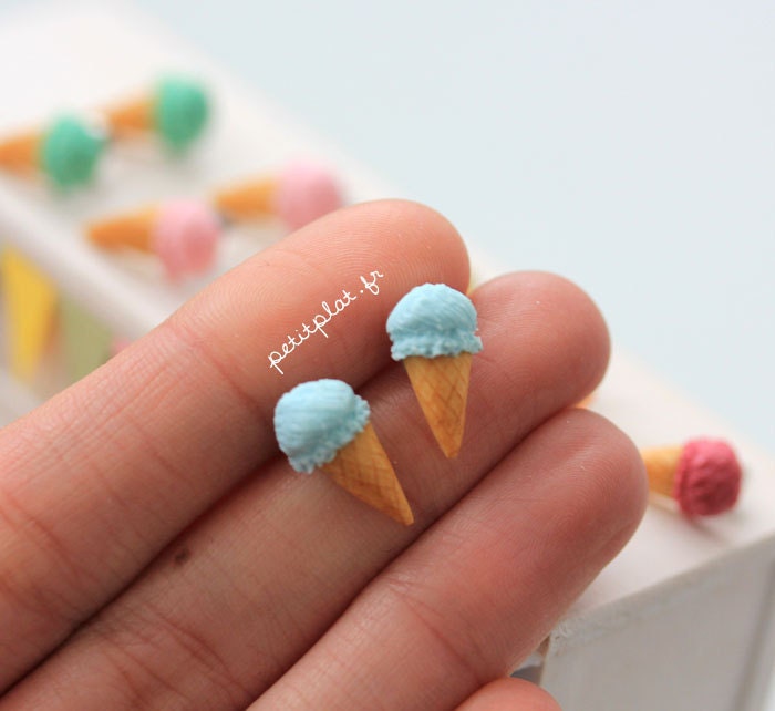 Ice Cream Earrings - Food Jewelry - Pastel in Blue, Mint Green, Pale Pink, Yellow, Orange and Fuchsia - IceCream Collection