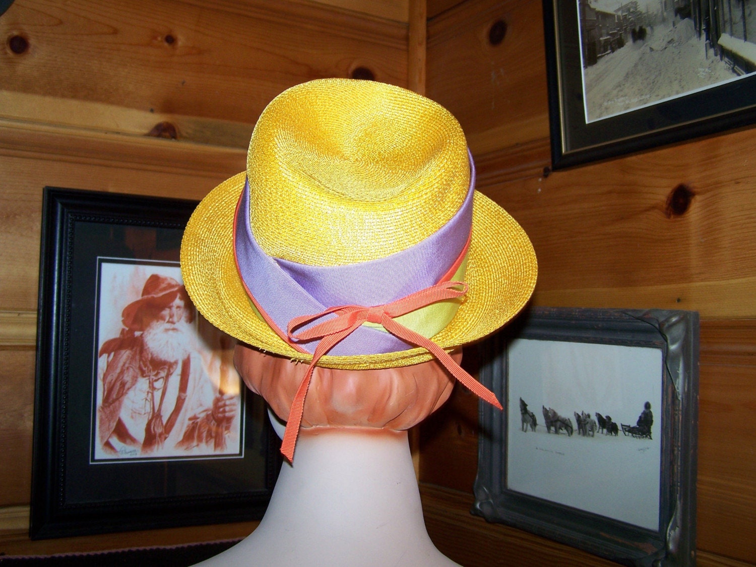 Vintage 60s Bright Yellow Straw Hat with Ribbon" Dachettes by Lilly Dache" - Small Women/Child Size 20"