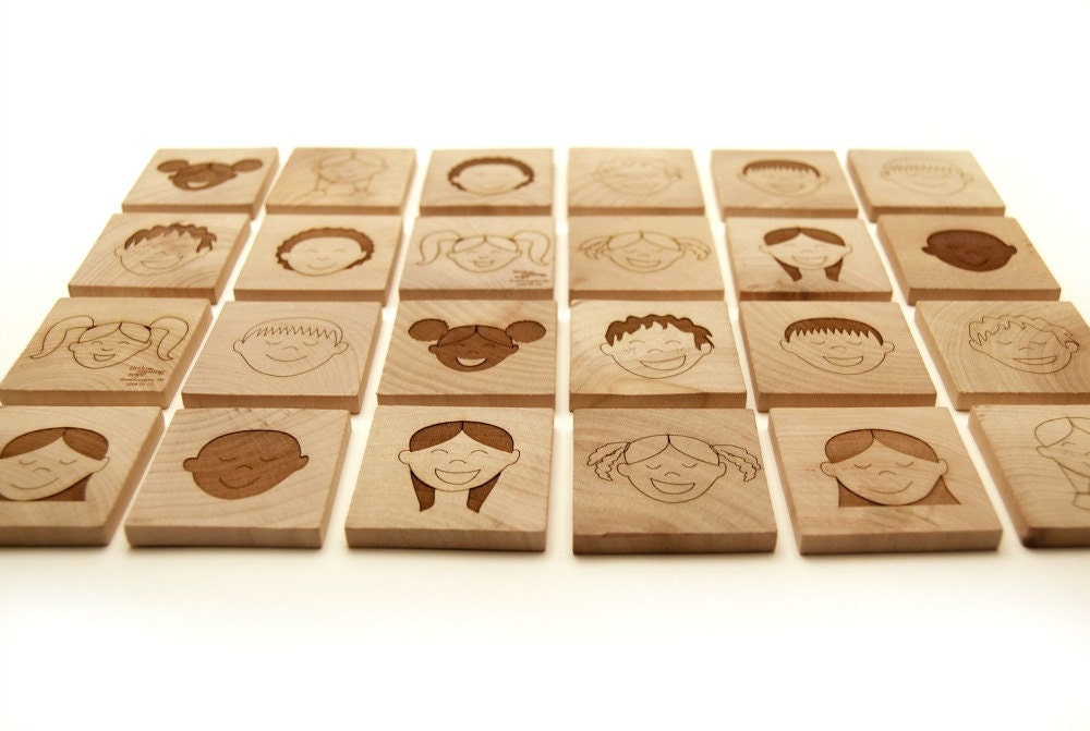 wooden toy faces memory game, kids matching pictures