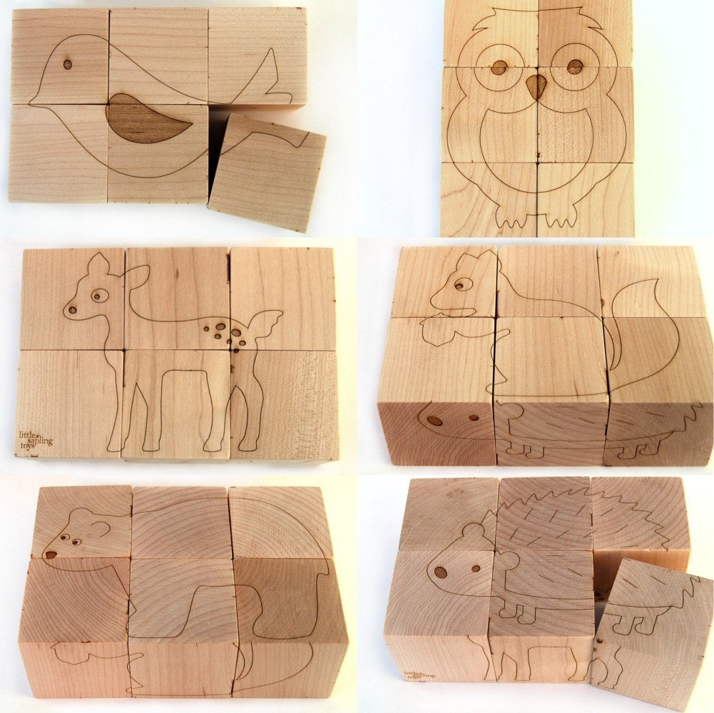 sale - wooden block animal puzzle, 6 pictures on natural wooden cubes
