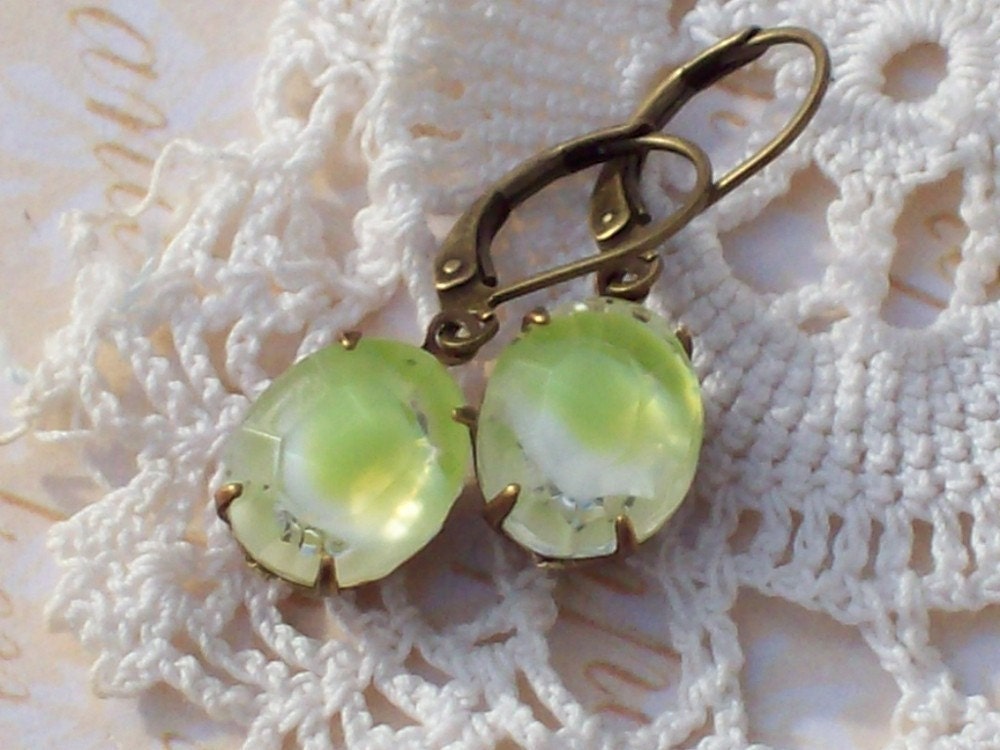Early Spring Melt - Vintage Green Givre Glass Jewel Earrings in Aged Brass or Silver Tone
