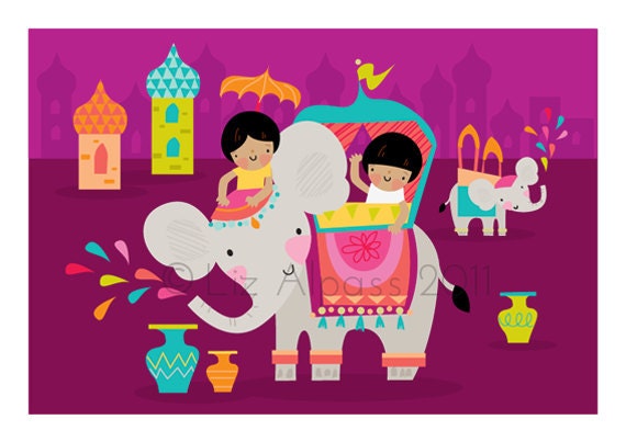 Elephant Ride - A4 Art Print Children's Kids Illustration Poster Decor General Unisex Playroom bedroom Indian elephant colorful fun bright