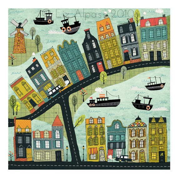 Bord De La Mer - 1 Art print Illustration design drawing house houses buildings windmill boats city bright orange lime mustard quirky