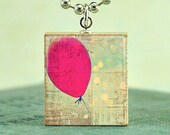 Scrabble Game Tile Jewelry - Life Is Beautiful- The Red Balloon - Scrabble Pendant Charm- Free Silver Ball Chain Necklace